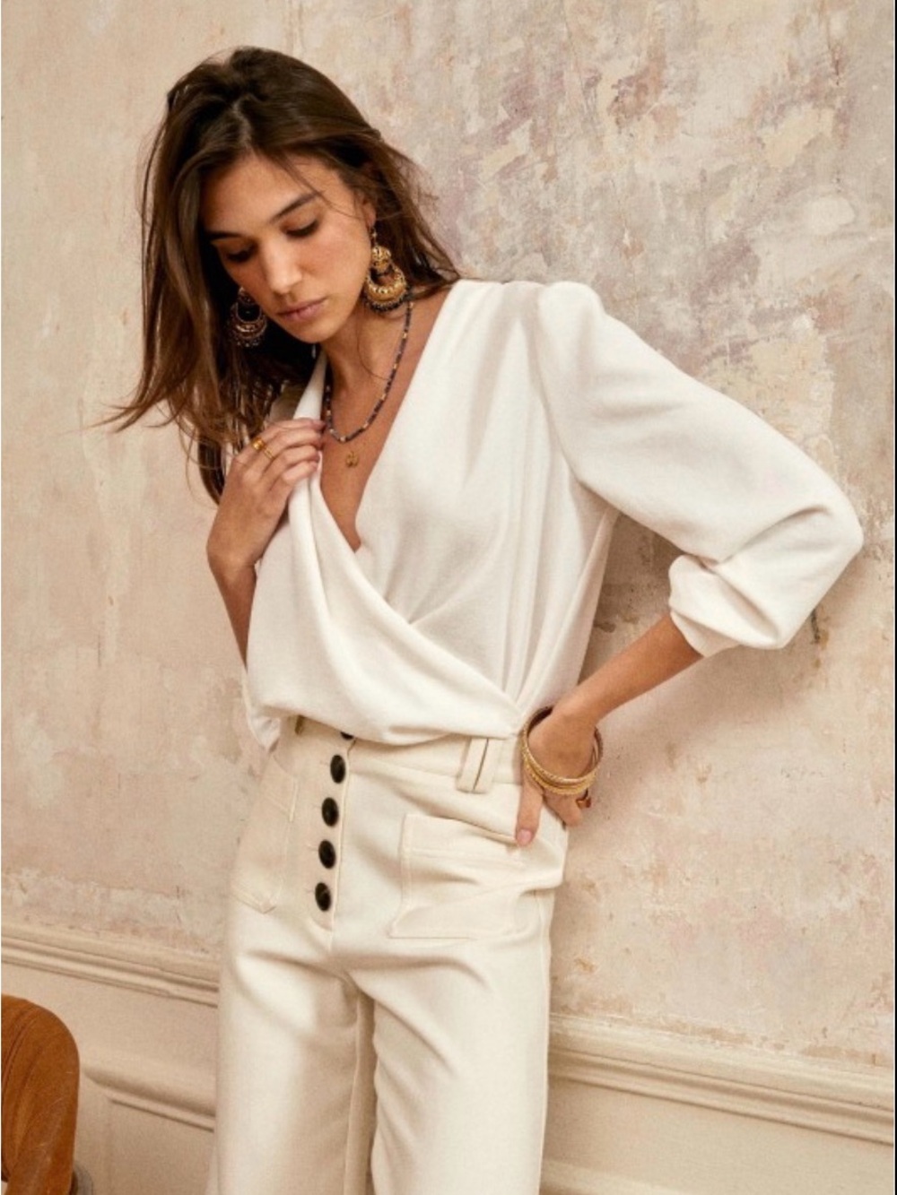 Sézane Abélia Blouse Ecru EU 40 Draped Wrap Effect Parisian Romantic Top